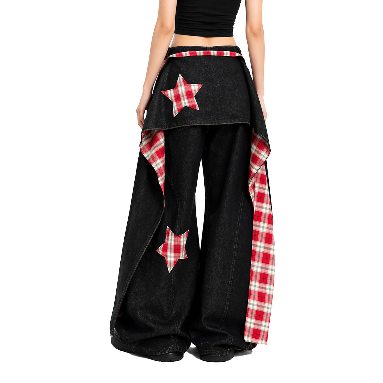 Star Patch Layered Plaid Wide-Leg Jeans