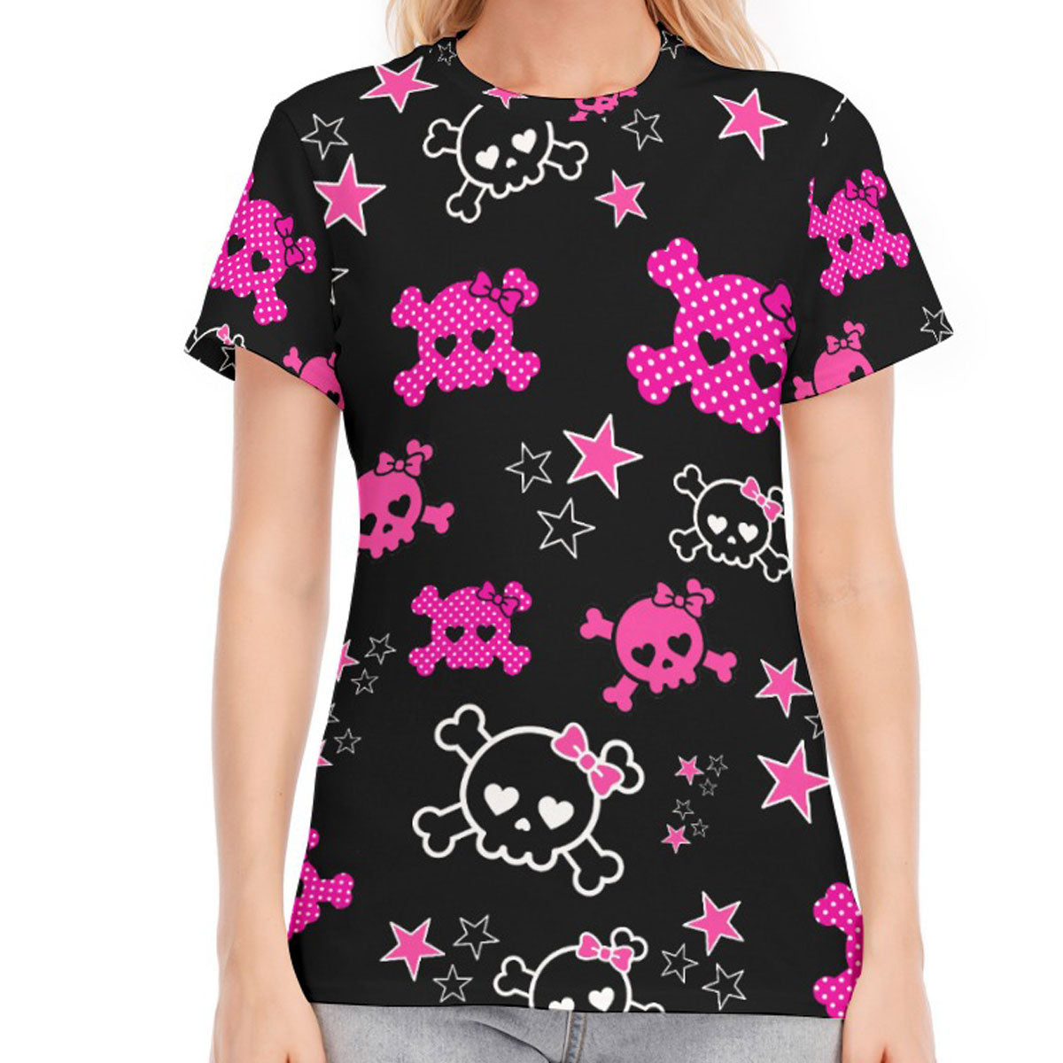 Dead Cute Pink Skull & Star All-Over Print Cotton Tee – Scene Emo Y2K