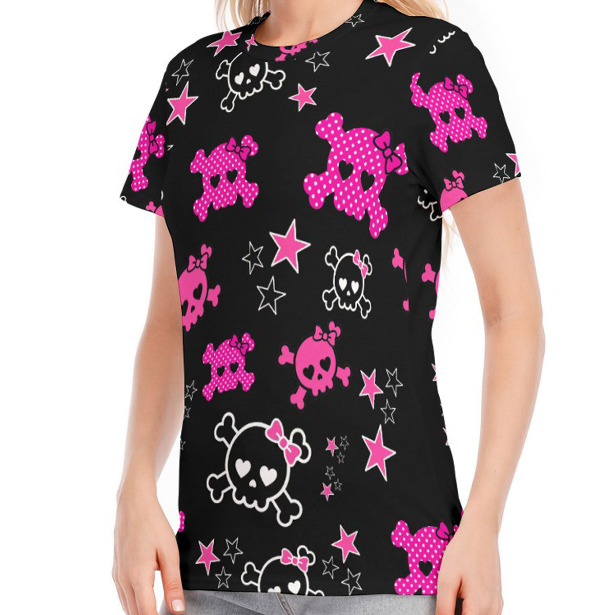 Dead Cute Pink Skull & Star All-Over Print Cotton Tee – Scene Emo Y2K