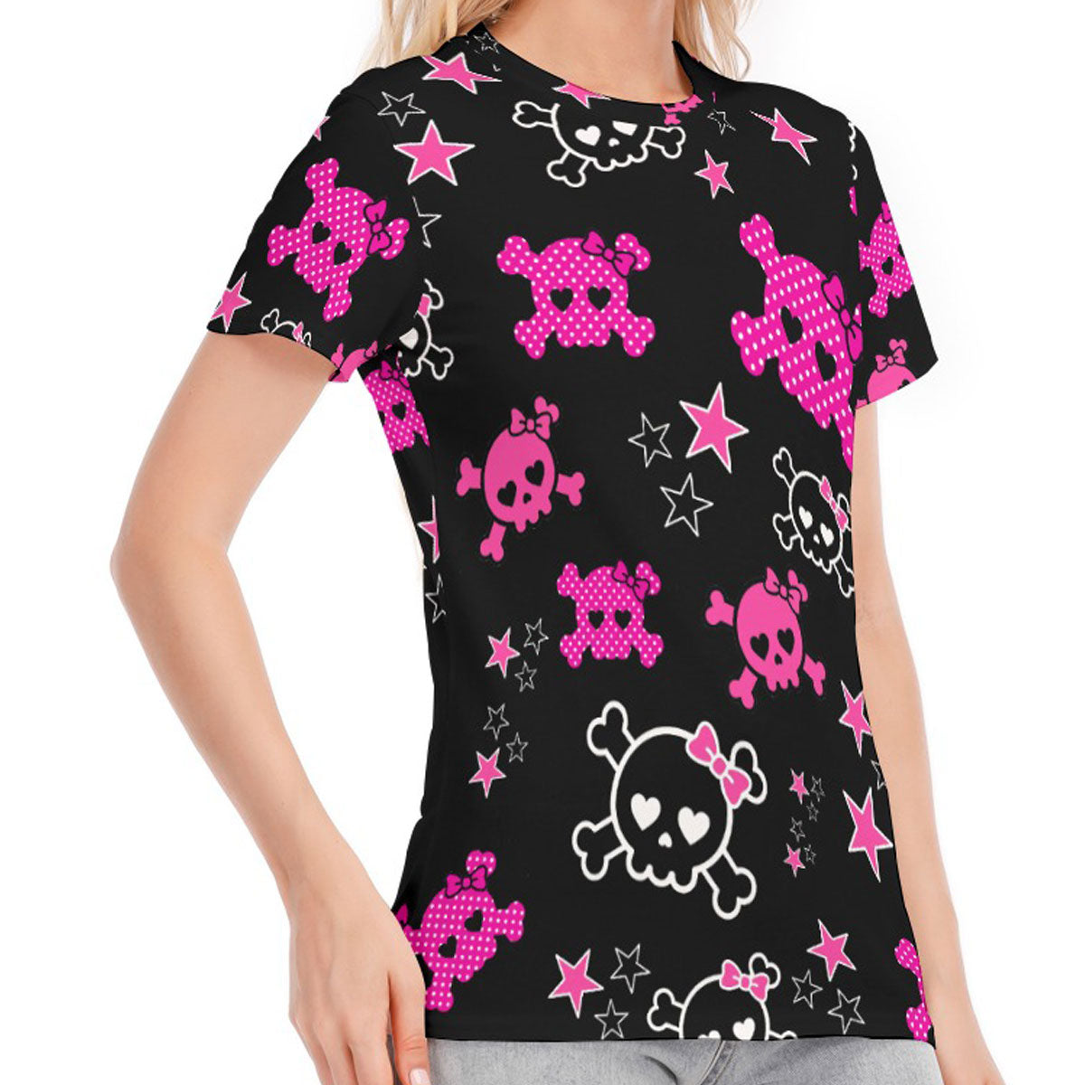 Dead Cute Pink Skull & Star All-Over Print Cotton Tee – Scene Emo Y2K