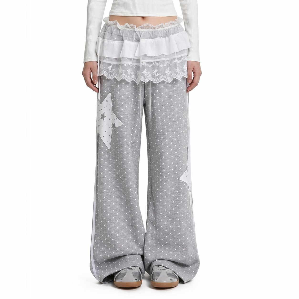 Gray Polka Dot Wide Leg Pants with Lace Wrap Skirt Set