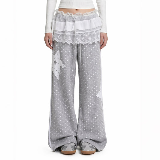 Gray Polka Dot Wide Leg Pants with Lace Wrap Skirt Set