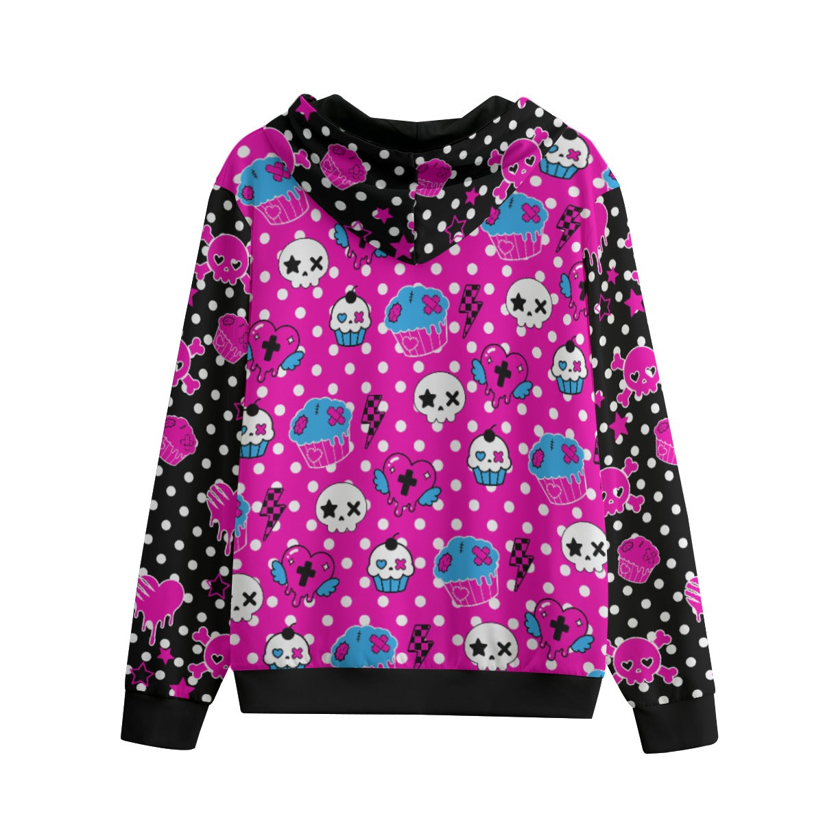 Back view of a pink polka dot zip hoodie featuring skulls, zombie cupcakes, winged hearts, lightning bolts, and scene girl graphics on a black and hot pink background.