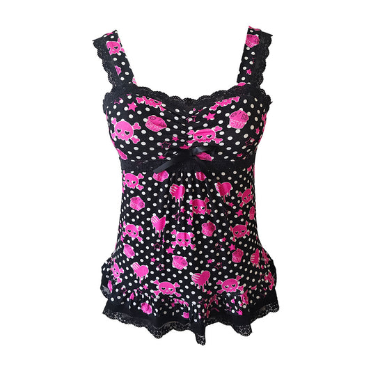 Pink Skull Cupcake Polka Dot Lace Cami Top – Scene Emo Y2K