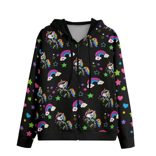 Rainbow Skeleton Unicorn all-over print unisex zip hoodie featuring colorful skeleton unicorns, rainbows, stars, and hearts on a black background for scene kid, emo, Y2K, and alternative fashion.