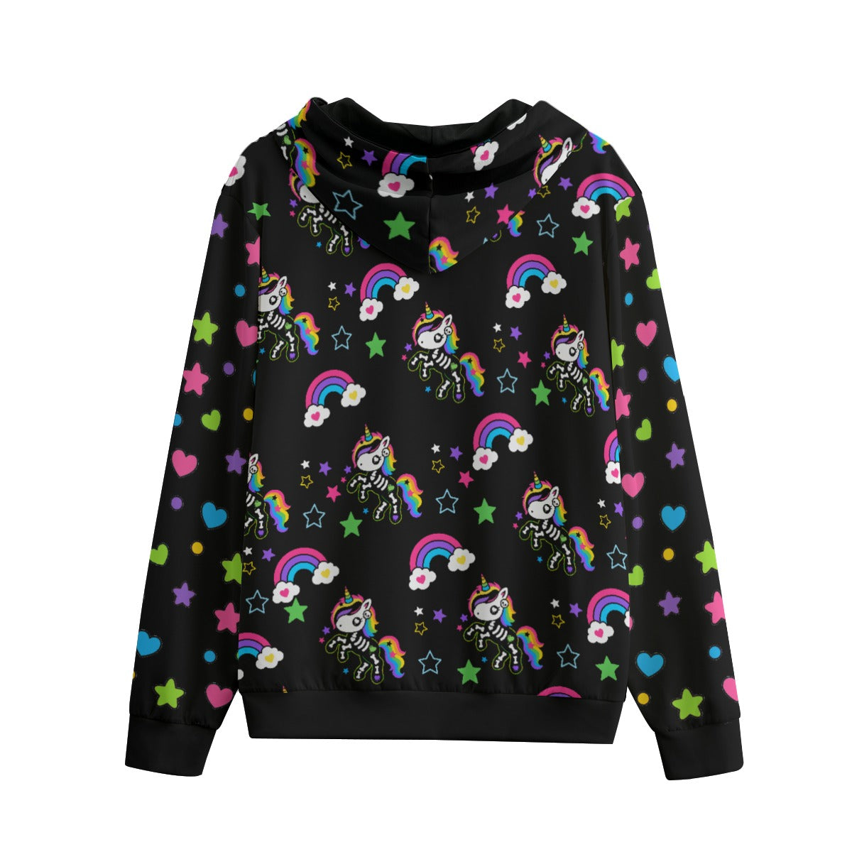 Back view of Rainbow Skeleton Unicorn all-over print hoodie featuring colorful skeleton unicorns, rainbows, stars, and hearts on a black background.