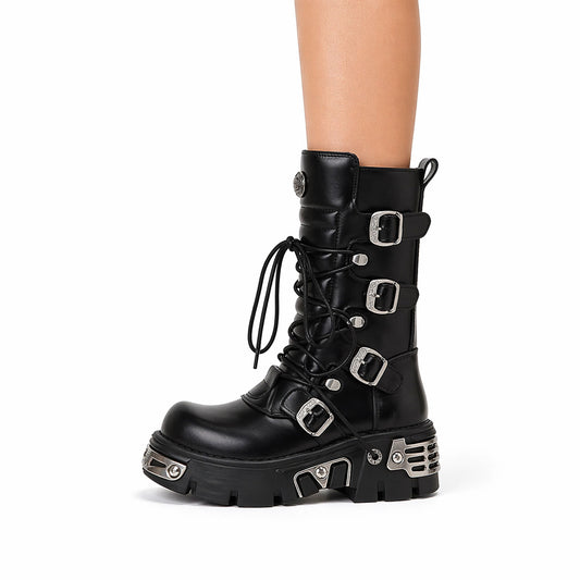 Black Knee-High Buckle Platform Boots – Chunky Metal Goth Boots