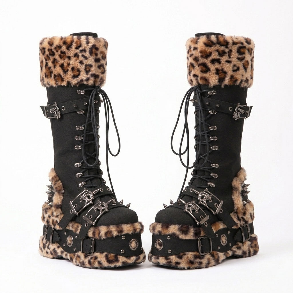 Leopard Platform Knee-High Boots – Y2K Grunge Faux Fur Buckle Boots