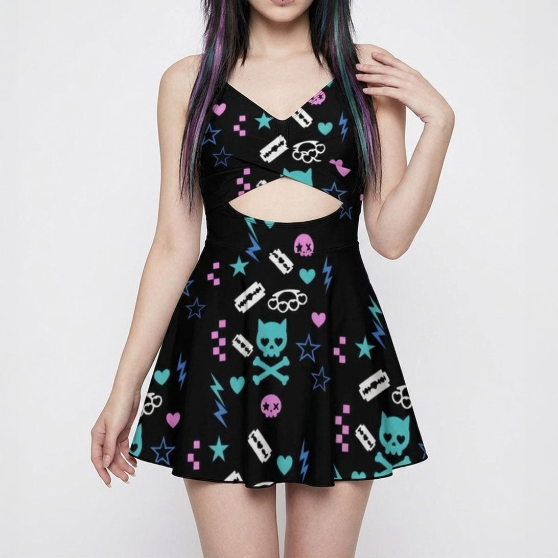 Electric Cat Scene Queen Cutout Swim Dress