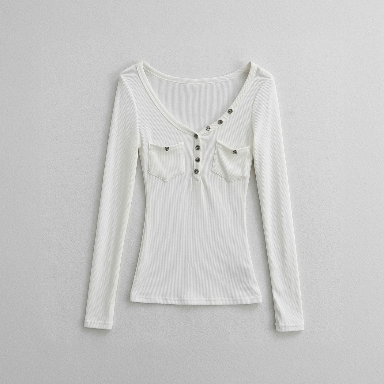 White Ribbed Button Henley Long Sleeve Top – Slim Fit Essential