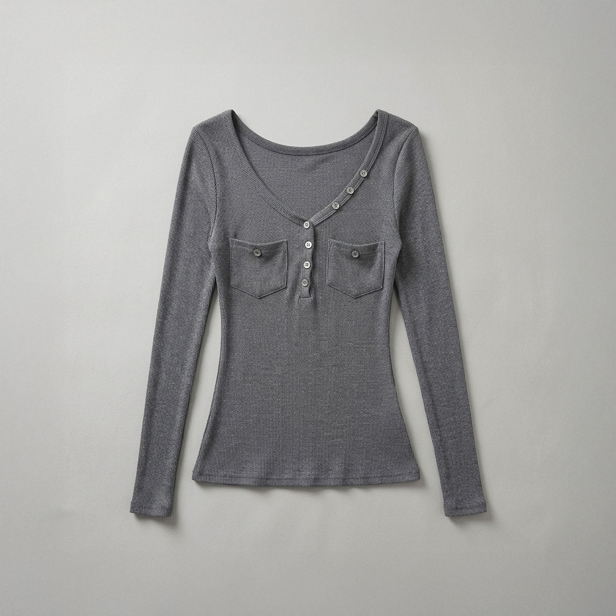 White Ribbed Button Henley Long Sleeve Top – Slim Fit Essential