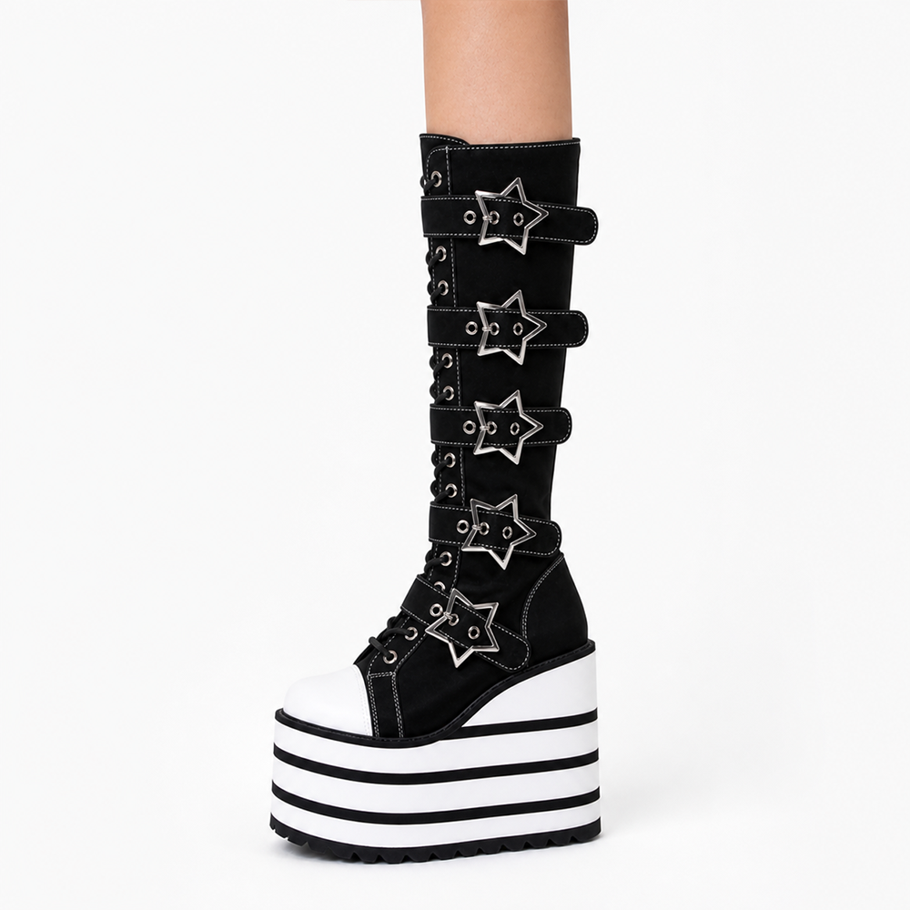 Scene Y2K Platform Boots – Black Harajuku Emo Knee High Star Buckle
