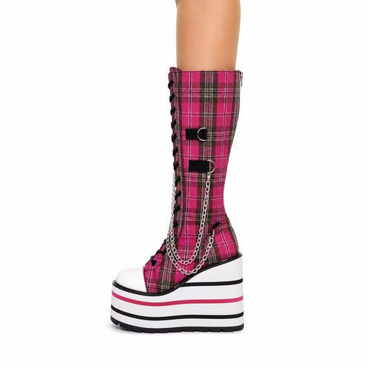 Pink Plaid Platform Boots – Scene Y2K Punk Knee High Chain Detail