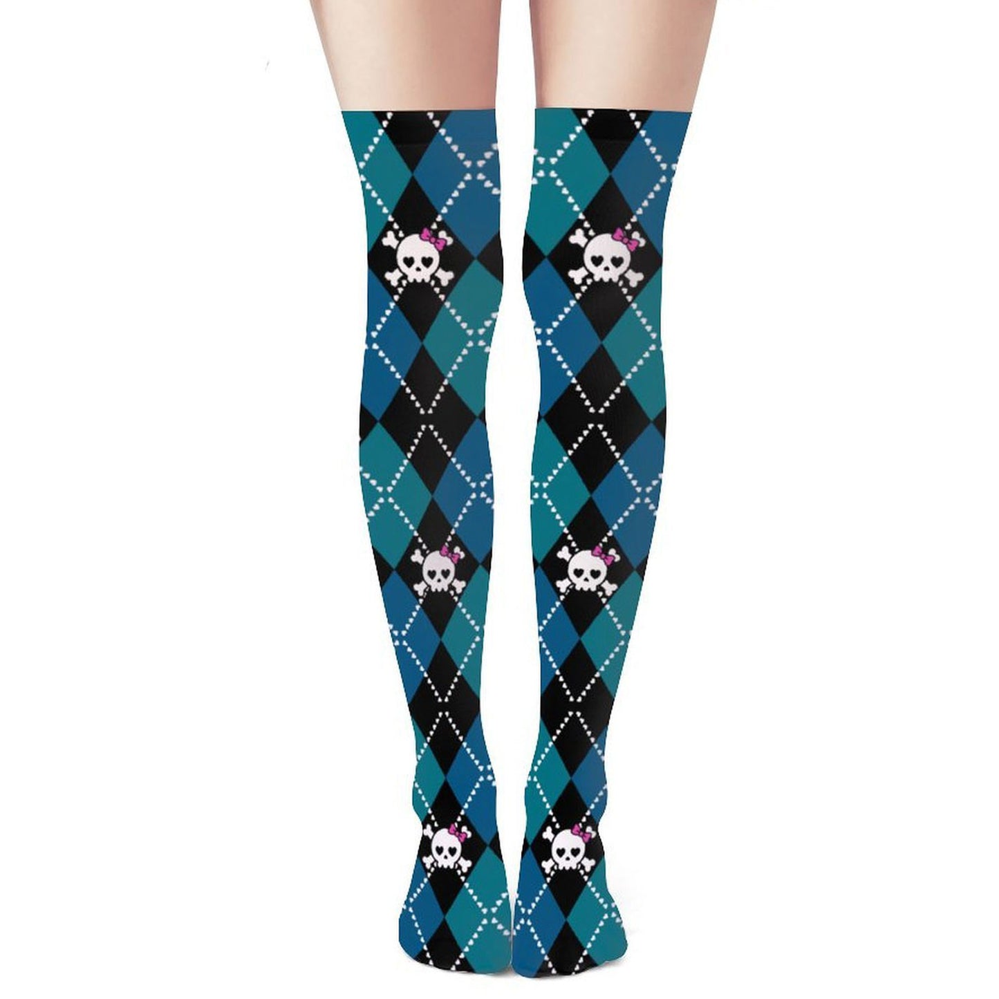 Dead Cute Skull Argyle Thigh High Stockings.