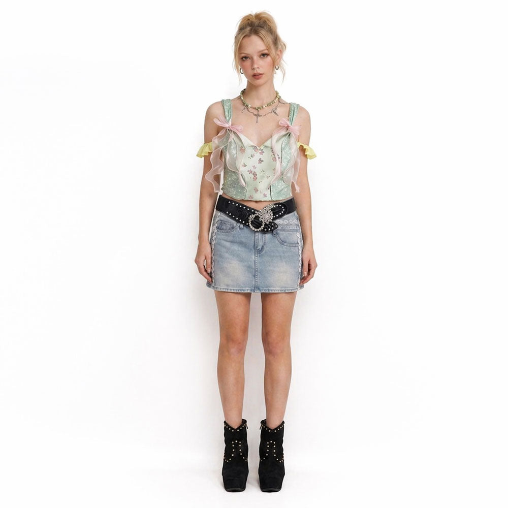 Mint Floral Ribbon Lace Cami Top