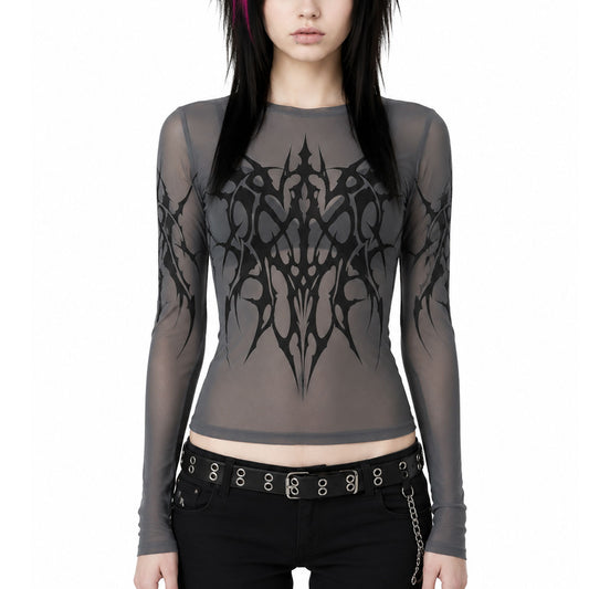 Smoke Sigil Sheer Mesh Long Sleeve Top | Emo Scene Y2K
