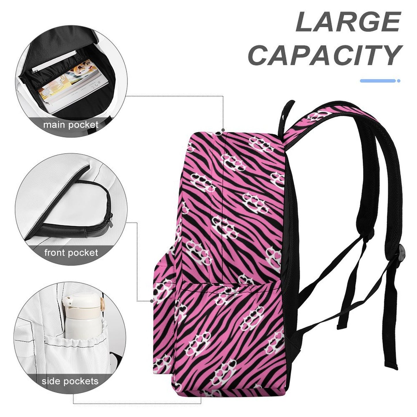 Hot Pink Skull Zebra Scene Backpack – Black Emo Y2K Bag