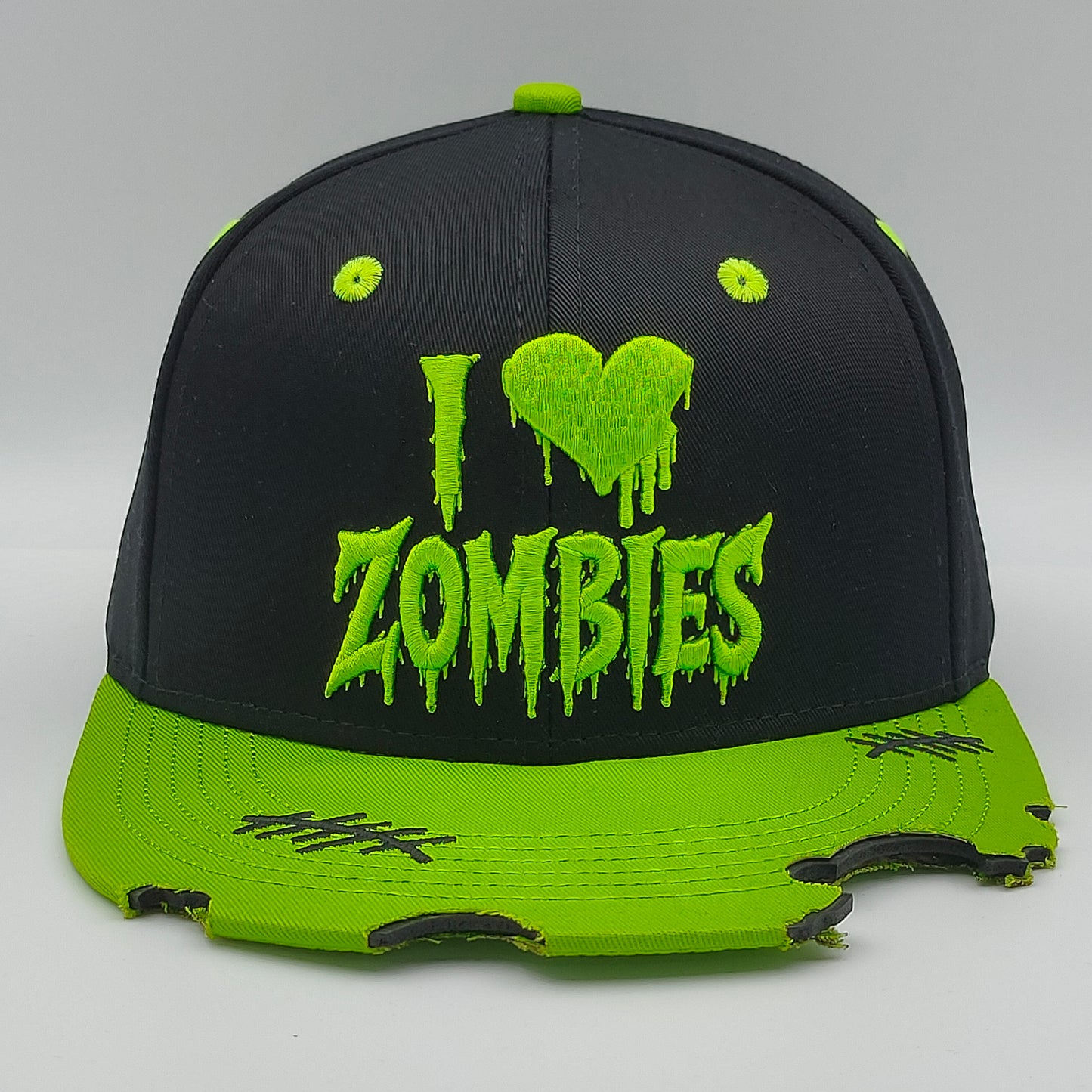 I Heart Zombies Distressed Snapback Cap – Neon Green & Black