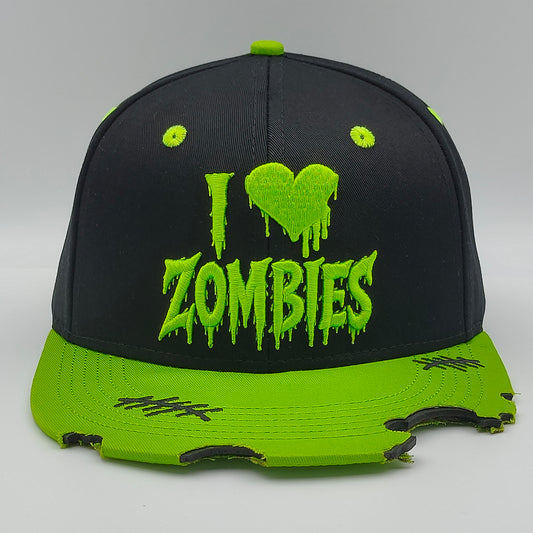 I Heart Zombies Distressed Snapback Cap – Neon Green & Black