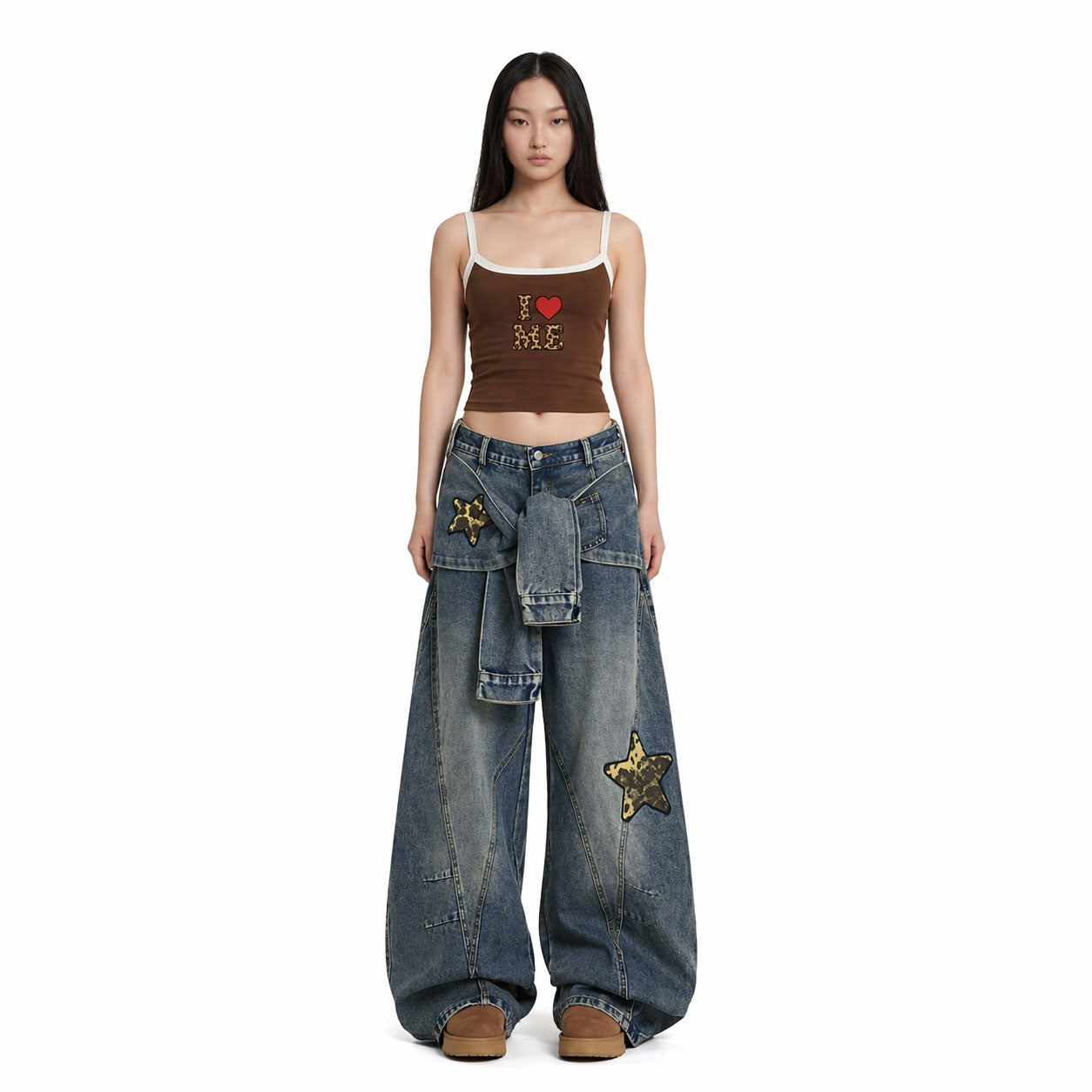 Star Patch Wide-Leg Denim Pants