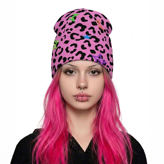Y2K Emo Scene Pink Leopard Beanie