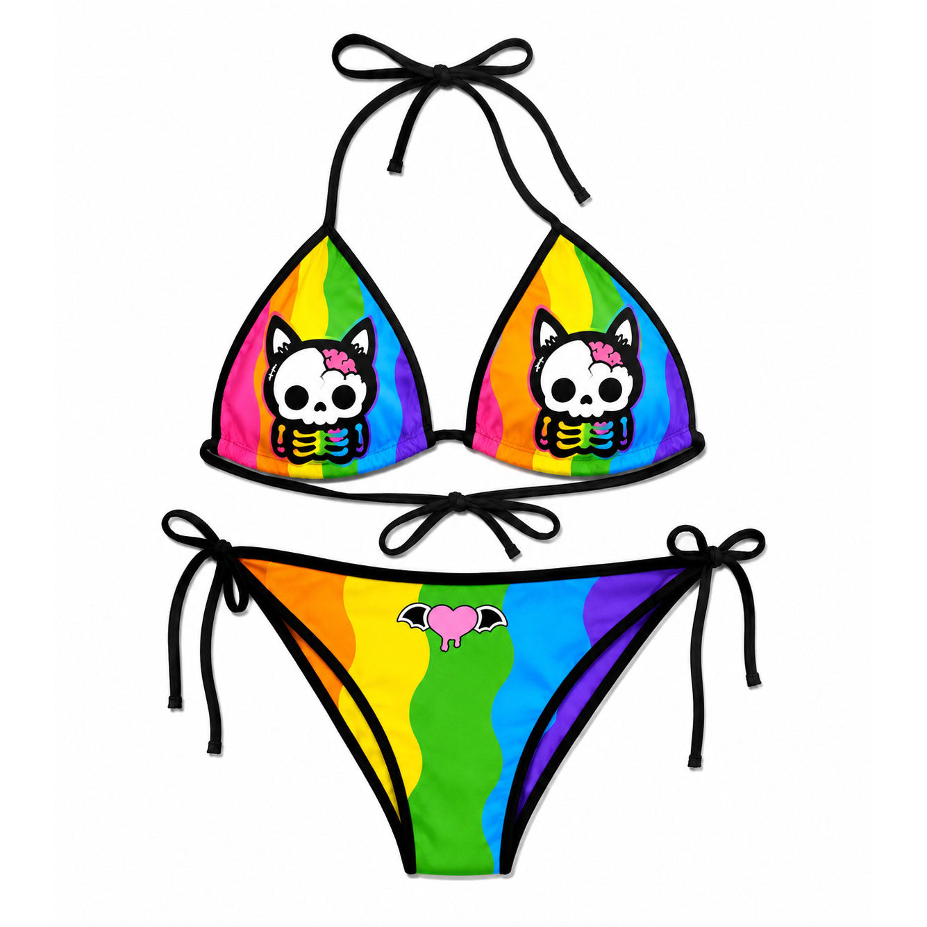Rainbow Skull Kitty Bikini Set – Scene Kid Kawaii Goth Women's Swimsuit XS–5XL