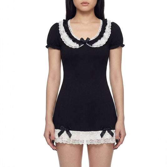 Black Lace Trim Mini Dress – Coquette Bow Detail A-Line Dress