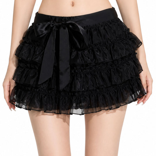 Black Lace Bow Mini Skirt – High Waist Ruffle Layered Coquette Skirt