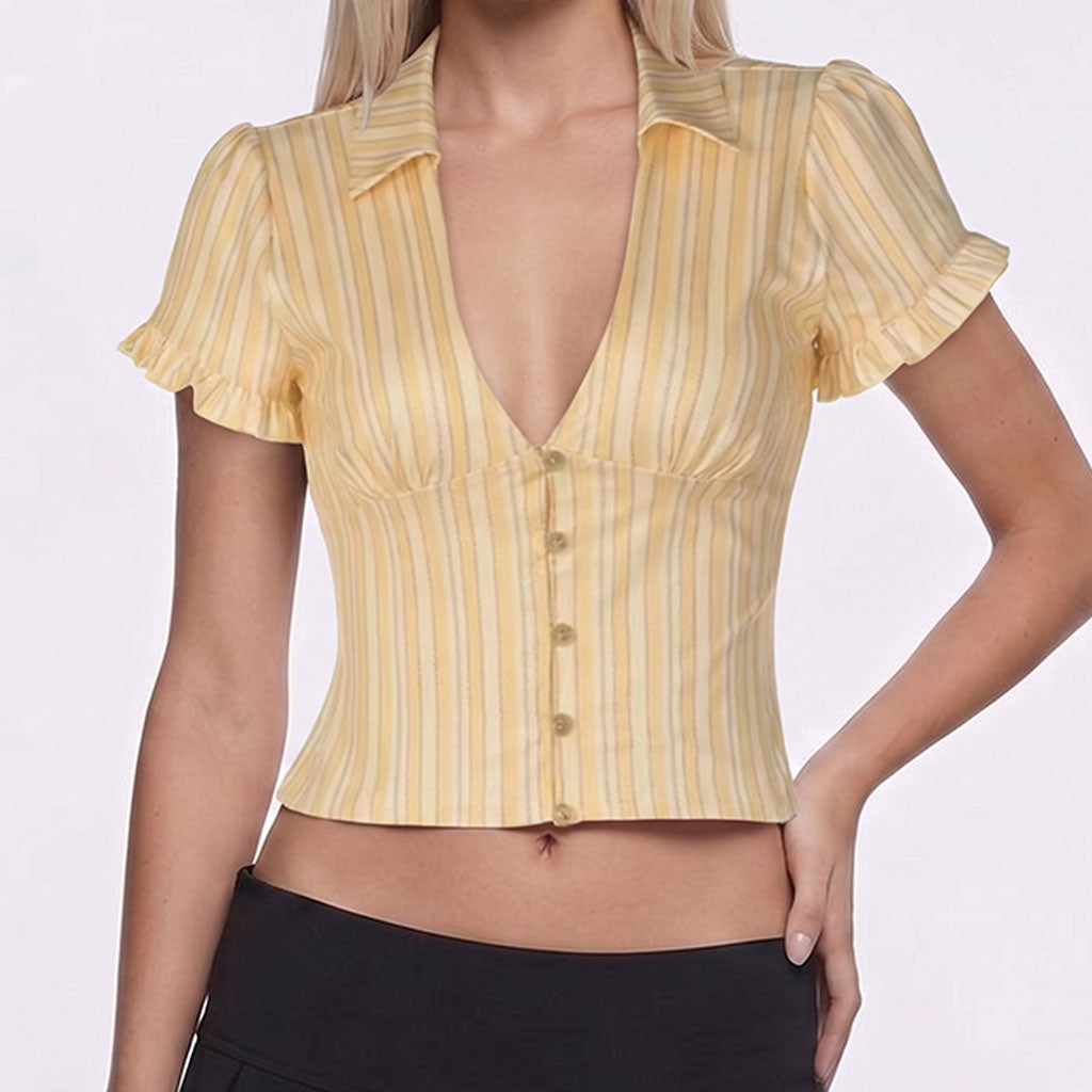 Yellow Stripe V-Neck Button Blouse – Soft Girl Summer Fitted Top
