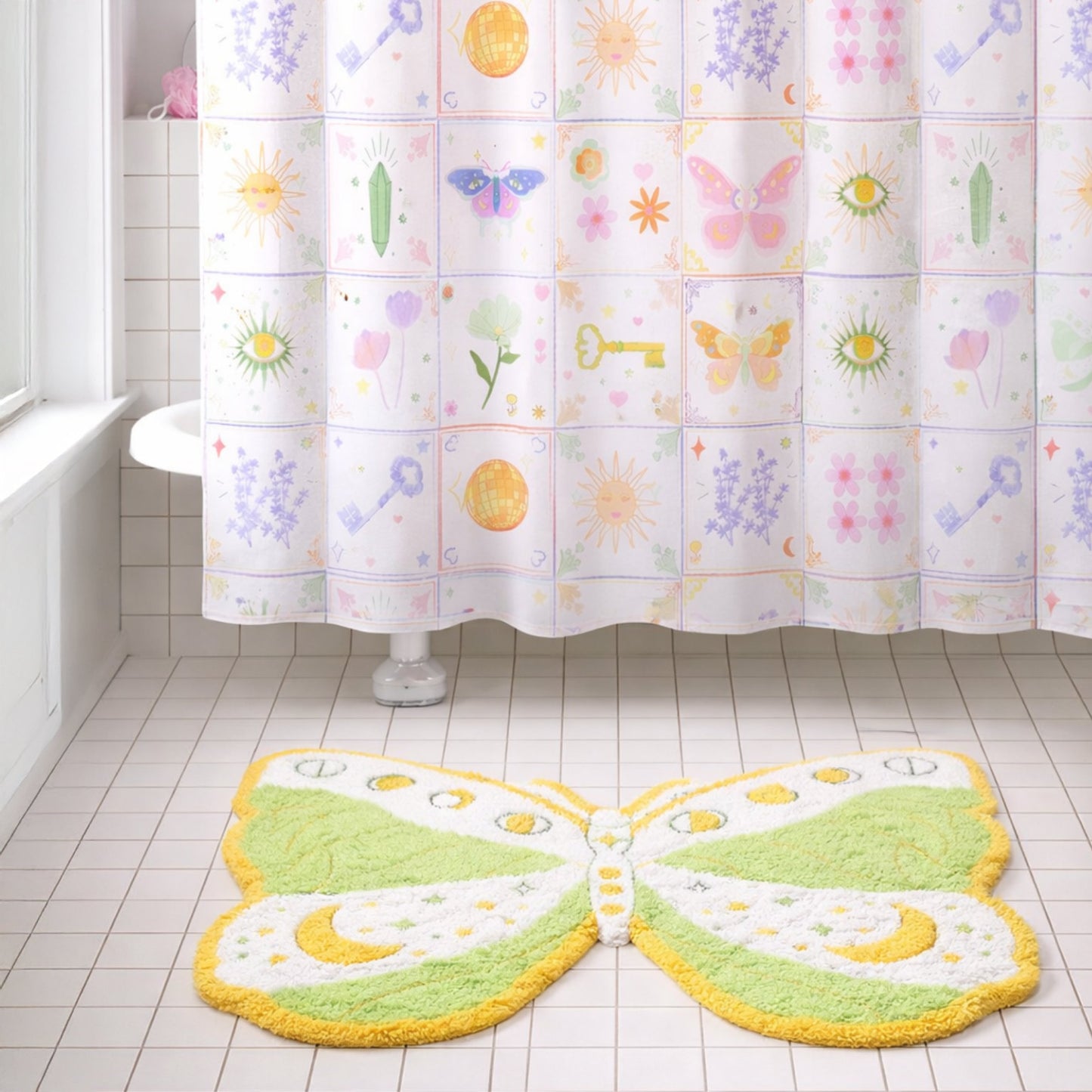Pastel Moon Butterfly Tufted Bath Rug – Boho Whimsical Bathroom Mat