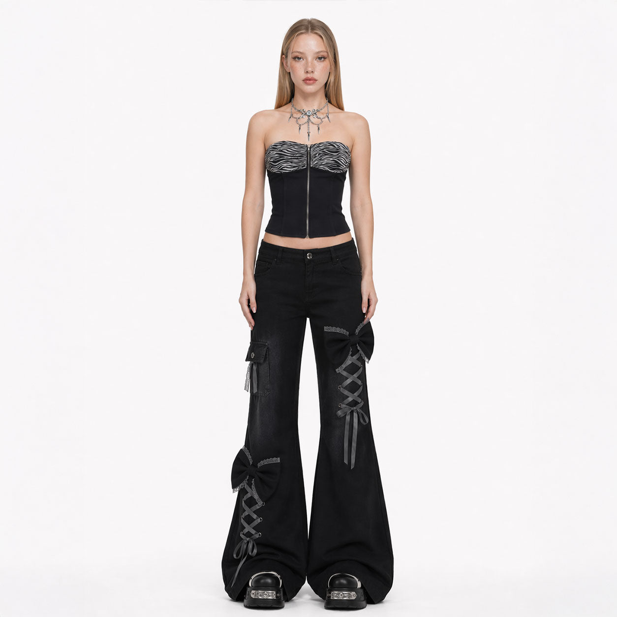 Goth Ribbon Lace-Up Flare Jeans – Black Wide Leg Bow Detail Pants