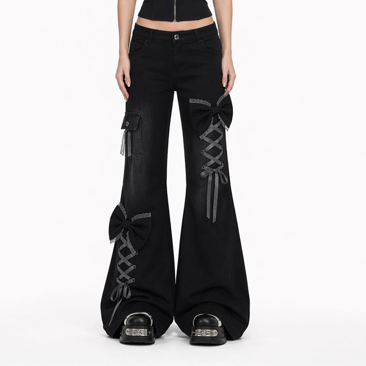 Goth Ribbon Lace-Up Flare Jeans – Black Wide Leg Bow Detail Pants