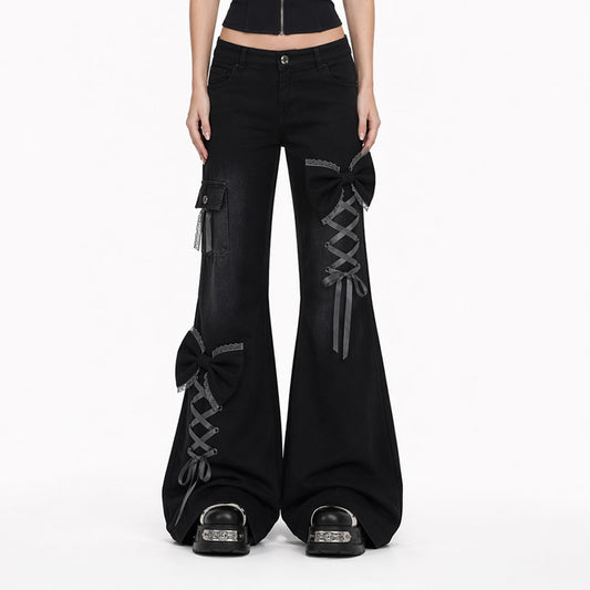 Goth Ribbon Lace-Up Flare Jeans – Black Wide Leg Bow Detail Pants