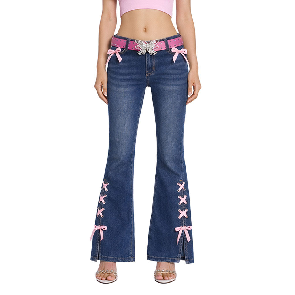 Y2K Bow Lace-Up Flare Jeans – Low Rise Slim Fit Denim