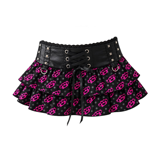 Y2K Scene Kid Pink Brass Knuckle Ruffle Mini Skirt