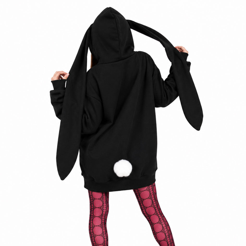 Black Bunny Ear Oversized Zip Hoodie – Handmade Emo Kawaii Jacket