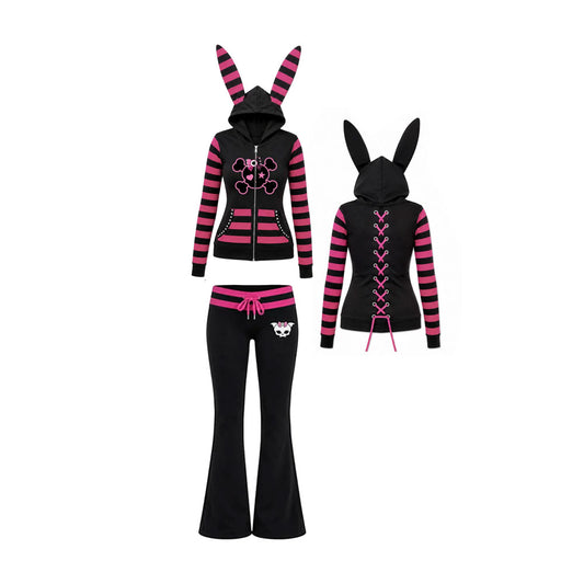 Bunny Bones Lace-Up Zip SET | Scene Emo Y2K Hoodie with Long Bunny Ears