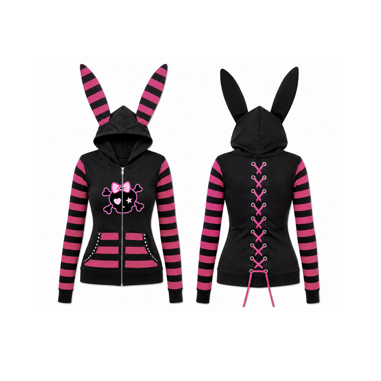Bunny Bones Lace-Up Zip Hoodie | Scene Emo Y2K Hoodie with Long Bunny Ears