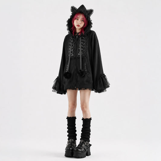 Kawaii Gothic Cat Ear Lace Hoodie