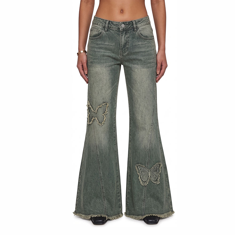 Butterfly Distressed Flare Jeans – Vintage Wash High Waist Wide Leg Denim