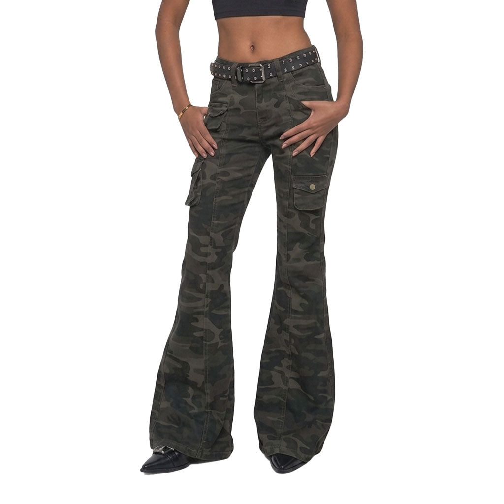 Y2K Camo Flare Cargo Pants Low Rise Slim Fit Bootcut