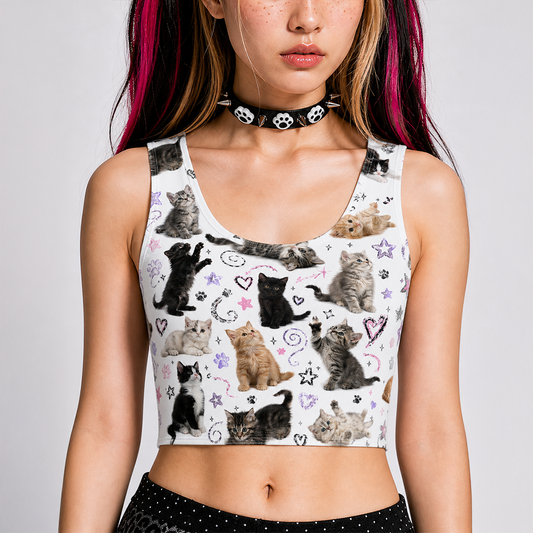Kawaii Kitten Print Body-Hugging Crop Top
