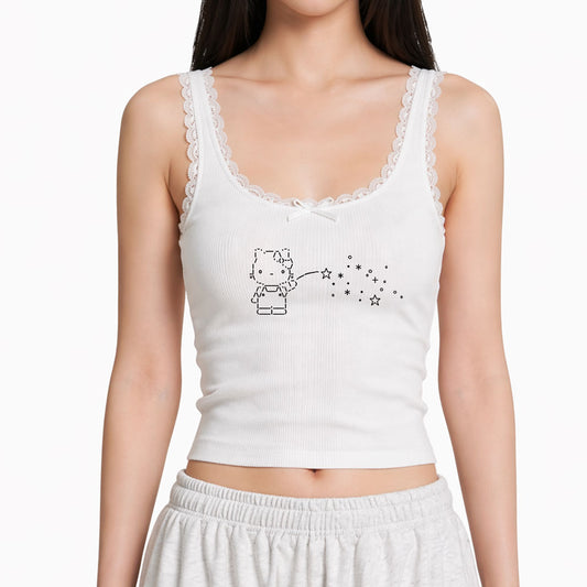 ASCII Star Cat Lace Trim Tank Top