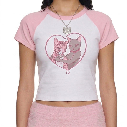 Two Cats Heart Graphic Raglan Baby Tee – Micro Rib Fitted Crop Tee