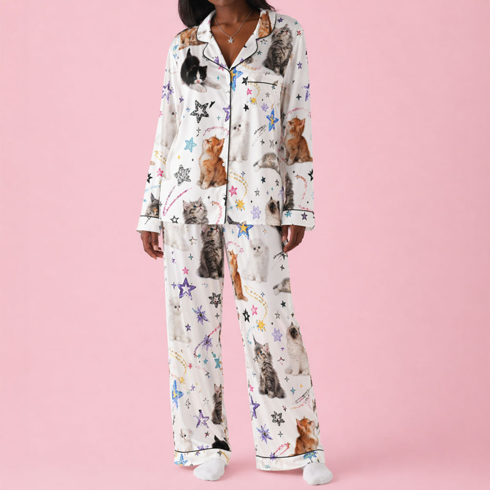 Women's Long Sleeve Pajama Top – Cat Print Button-Up Sleep Shirt