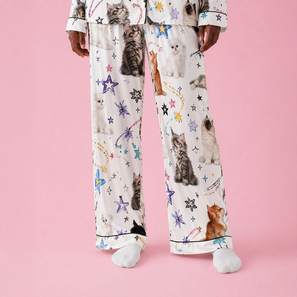 Women’s Wide-Leg Pajama Pants – Cat Print Lounge Bottoms