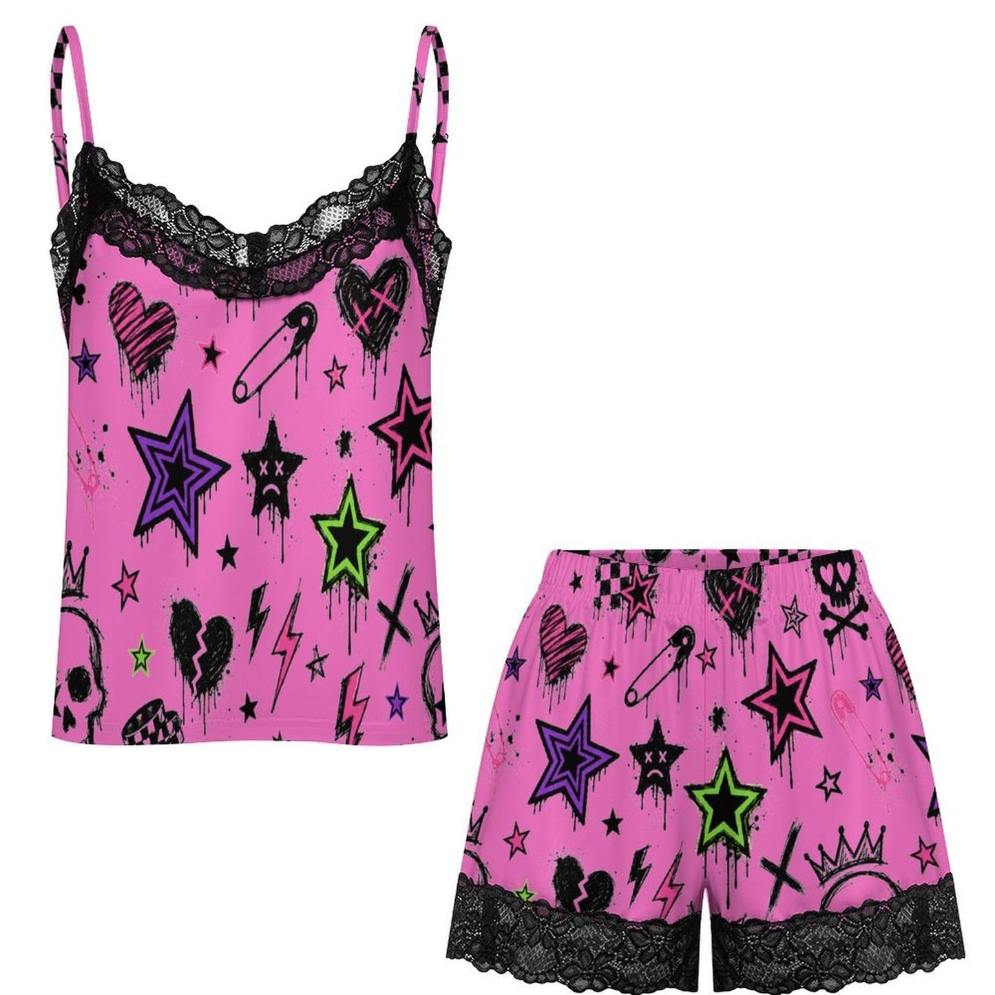 Scene Skull Heart Women's Lace Pajama Set (XS to 2XL)