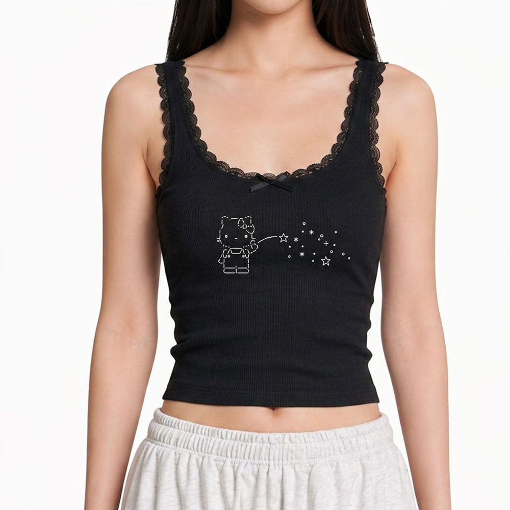 ASCII Star Cat Lace Trim Tank Top