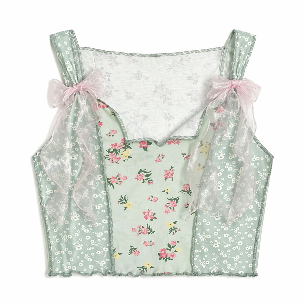 Mint Floral Ribbon Lace Cami Top