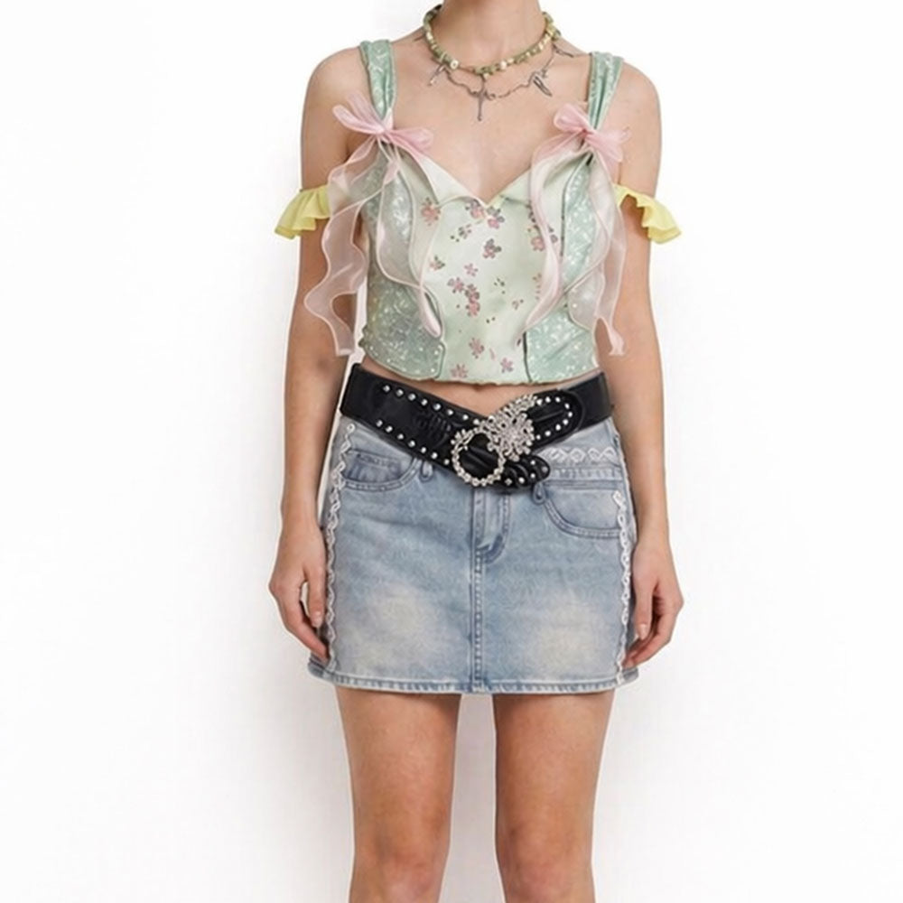 Mint Floral Ribbon Lace Cami Top